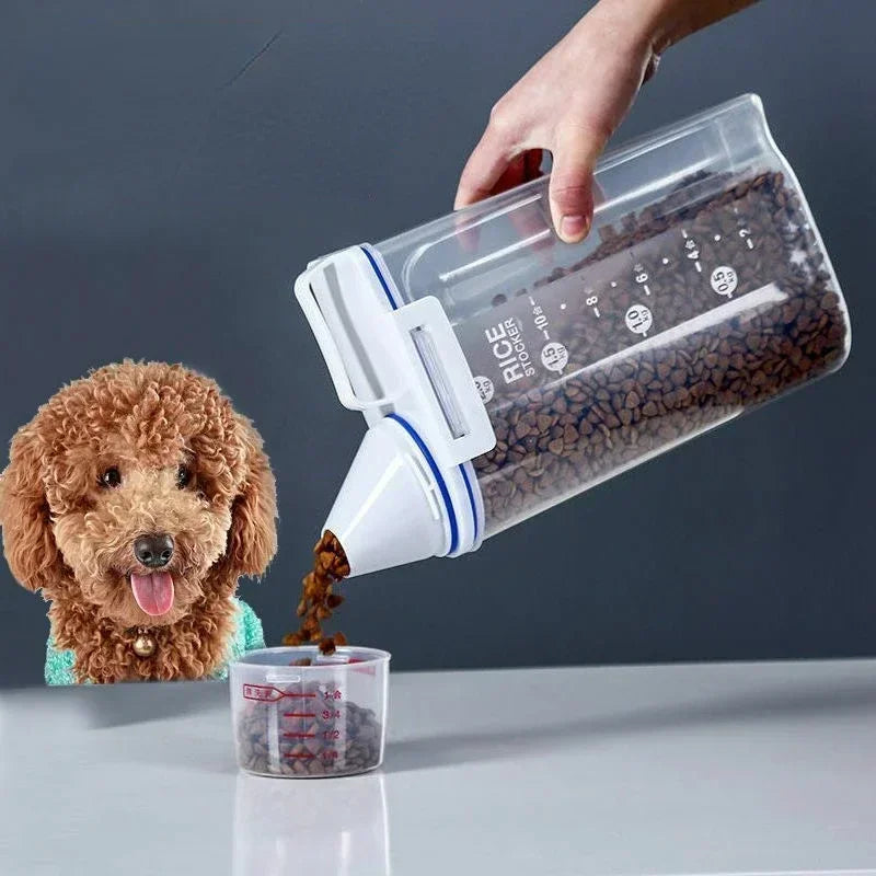 1,5 kg/2 kg Hunde- und Katzenfuttereimer, Kunststoff-Vorratsbehälter mit Messbecher, feuchtigkeitsbeständiger, versiegelter Behälter, Heimtierbedarf